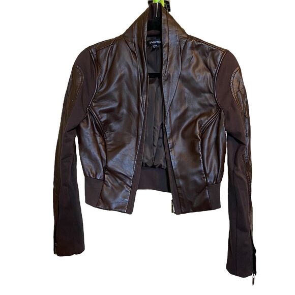 BEBE Crop Faux Leather Jacket S Brown Moto With Pockets‎ V Neck Bomber - Picture 1 of 15